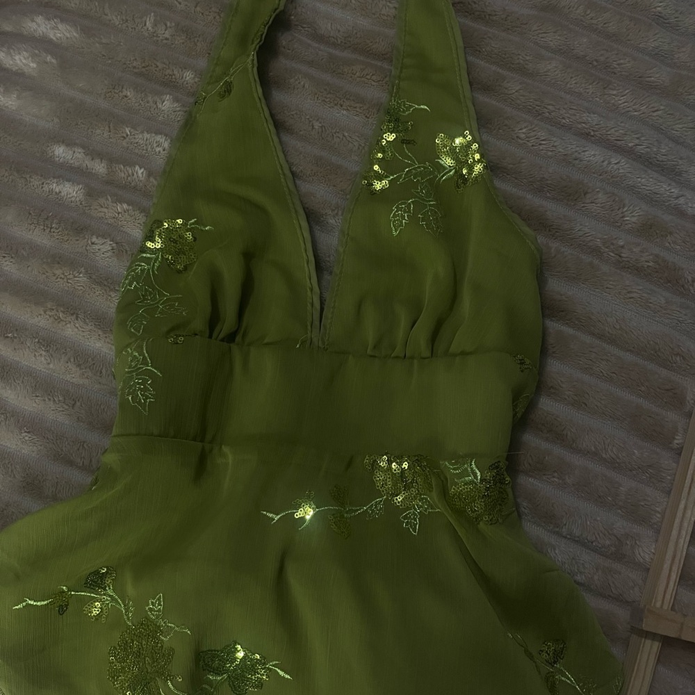 Olive Green Halter Dress with Sequin Floral Embroidery Y2K